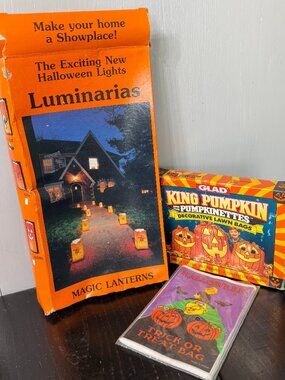 Vintage 90s Halloween Pumpkin Dec Decor Lot - Lawn Bags, Luminaries, Treat Bags